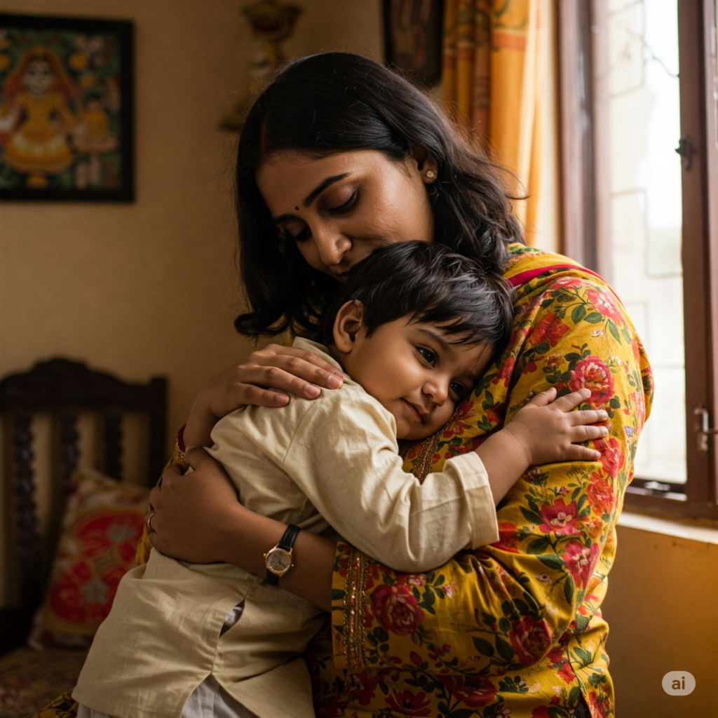 a woman holding a child