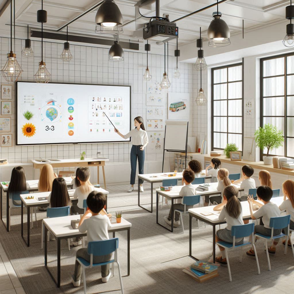 a classroom with a teacher teaching a group of childre