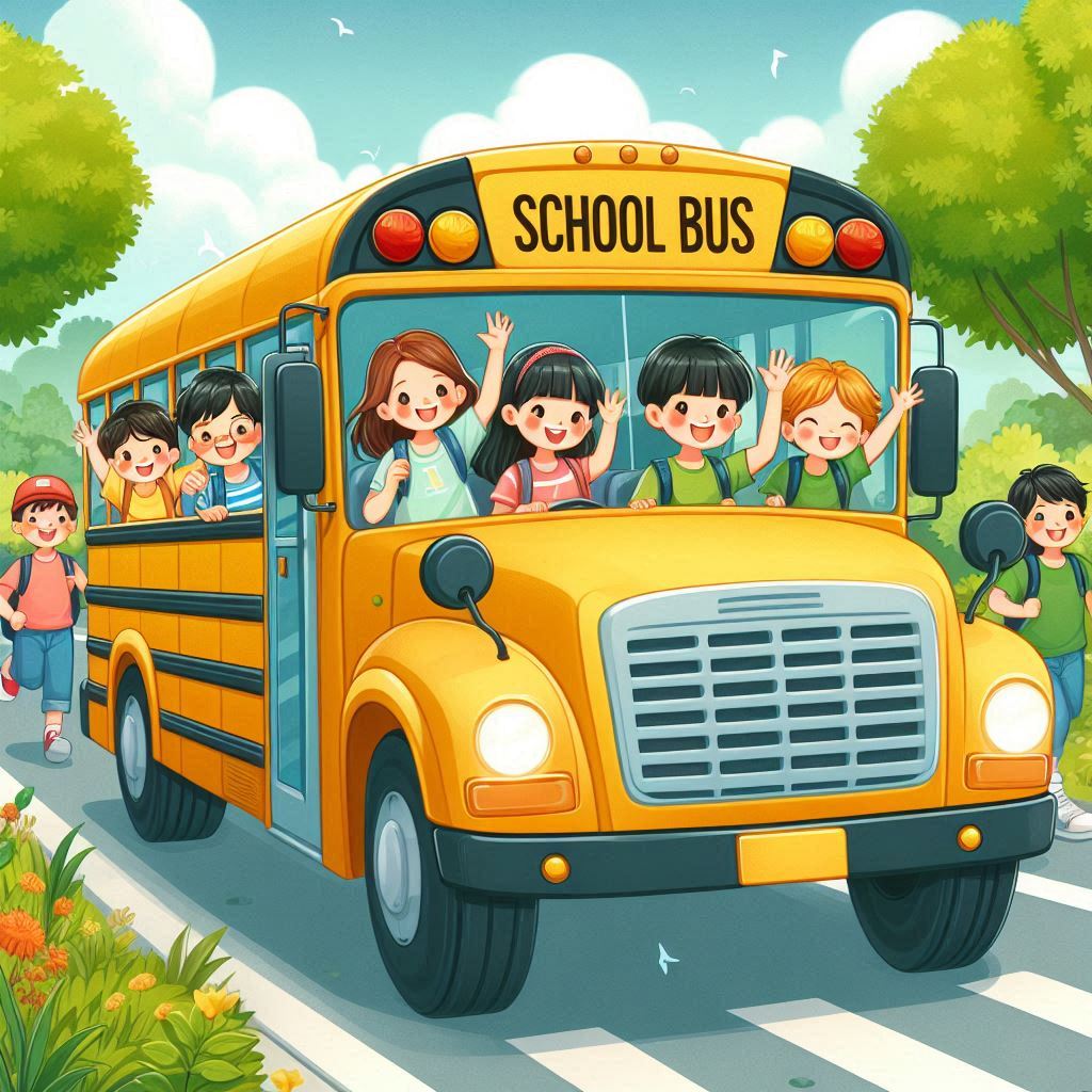 a cartoon of kids on a school bus