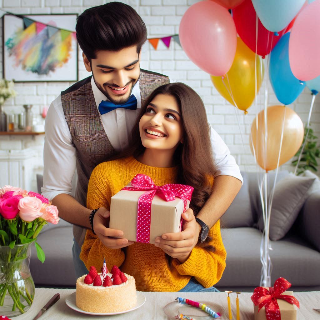 a man and woman holding a present